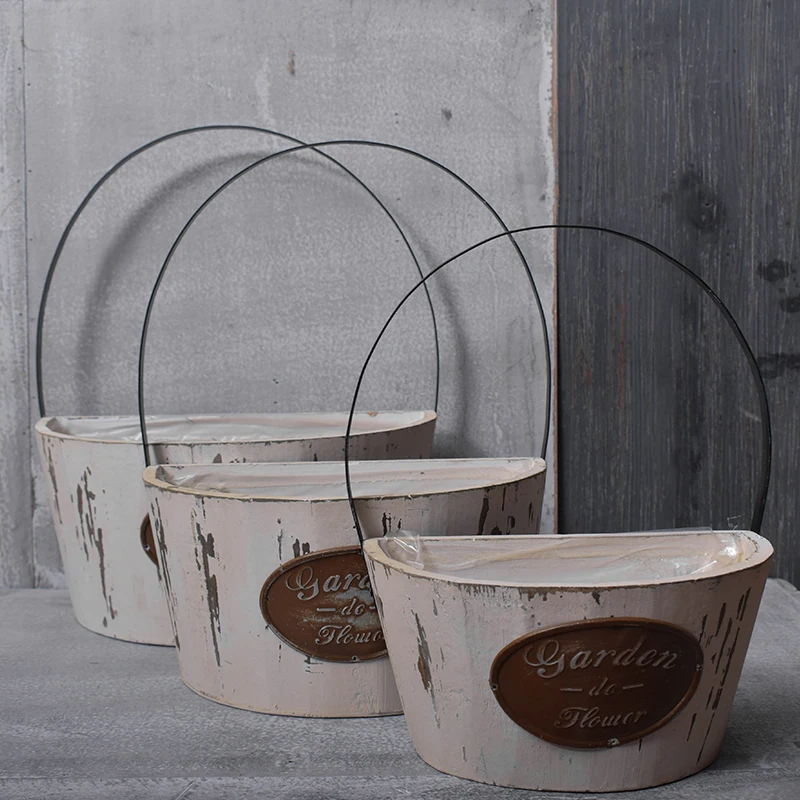 shabby chic vintage white wooden half round flower pots with lining