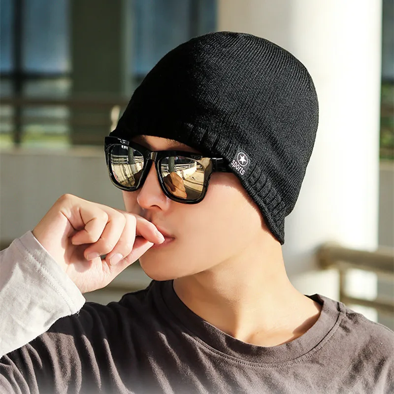 

Autumn Winter Cold Knitting Cap Fashion Men Outdoor Skiing Plus Velvet Warm Head Hat black