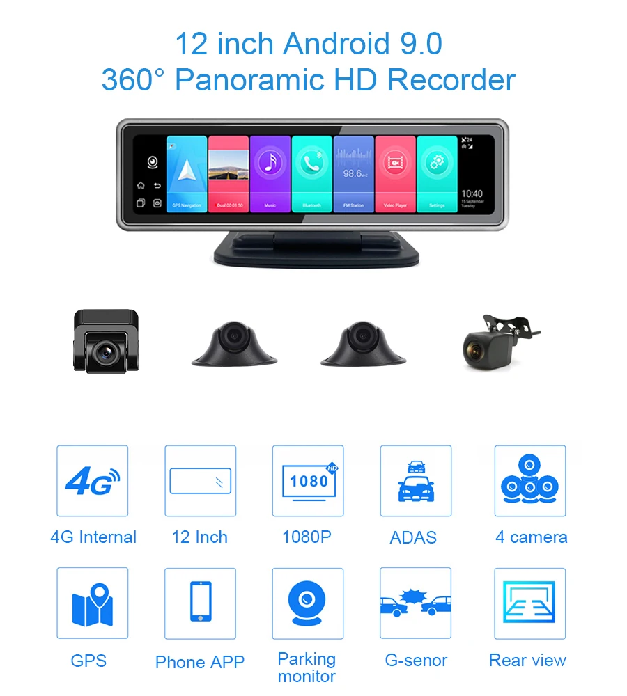 gps for car 4 Cameras 12 " 4G ADAS Android 9.0 Car DVR Dash Cam WIFI GPS  360° Panoramic HD Auto Video Recorder Remote monitoring 4 channels samsara gps