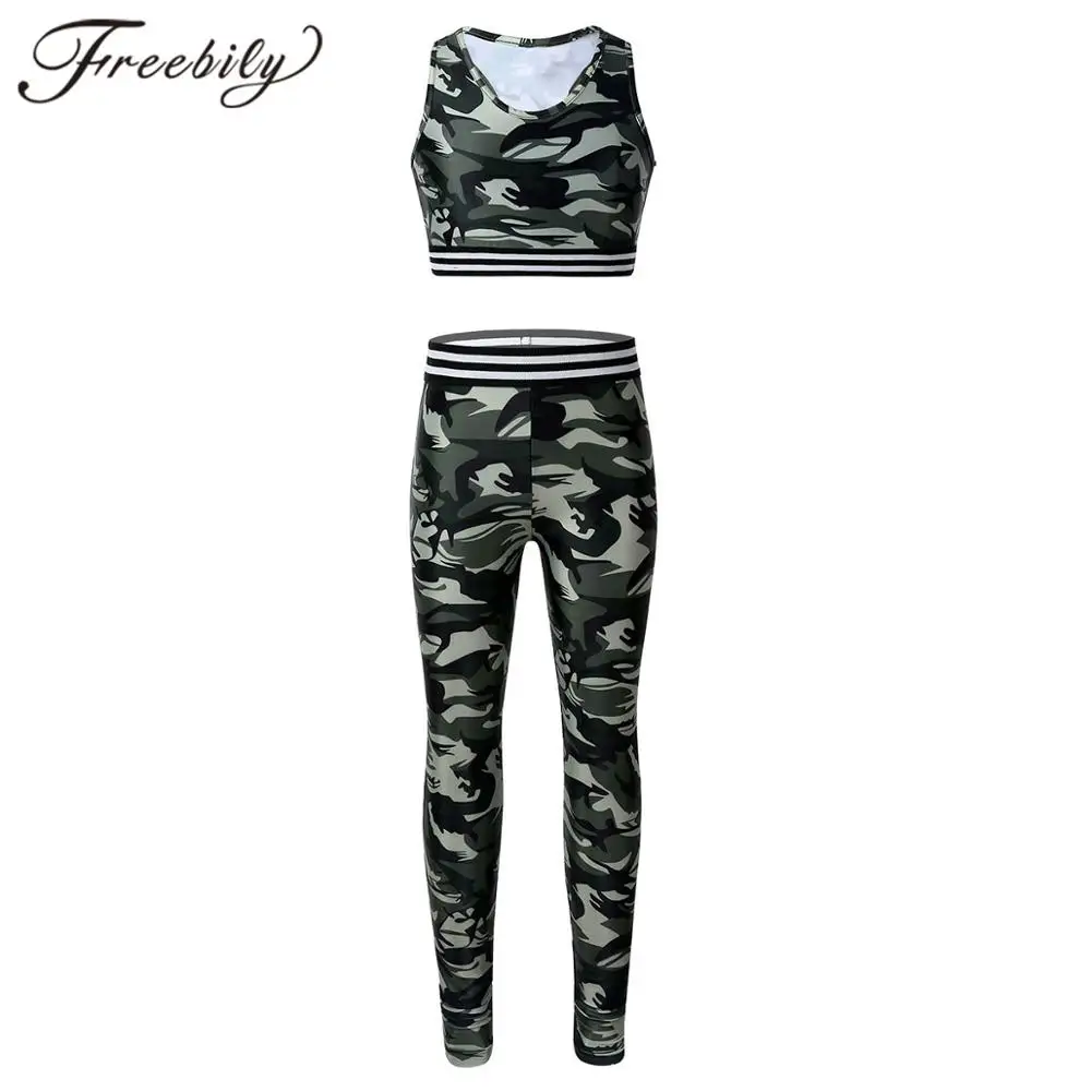 

Girls Sport Sets Camouflage Printed Sleeveless Racer Back Tanks Crop Top with Leggings Pants Kids Teens Girl Tracksuit Outfit