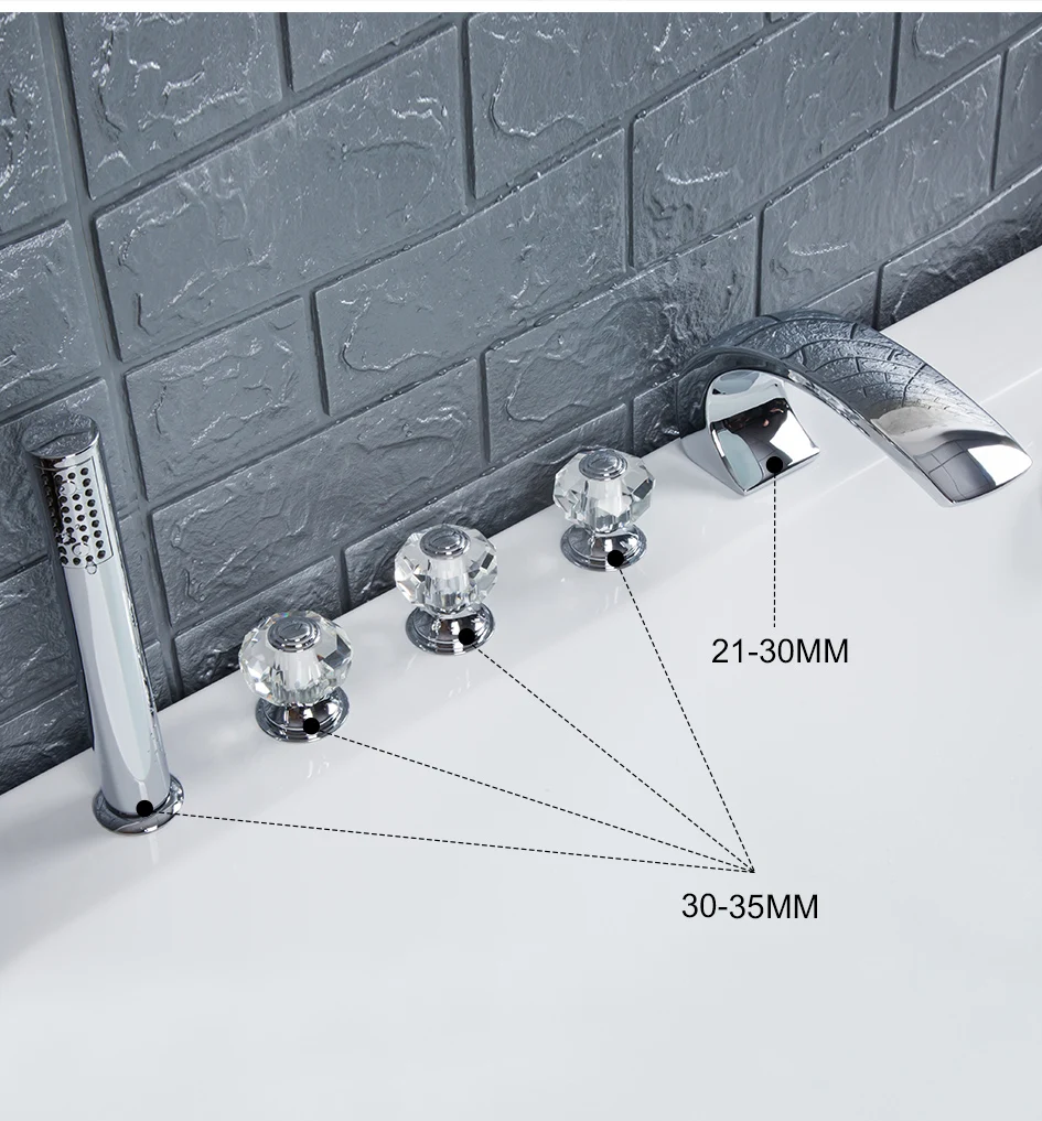 Кристалл и латунь водопад массажная ванна кран Набор бортике душевая комната три ручки смеситель с ручной душ латунный носик