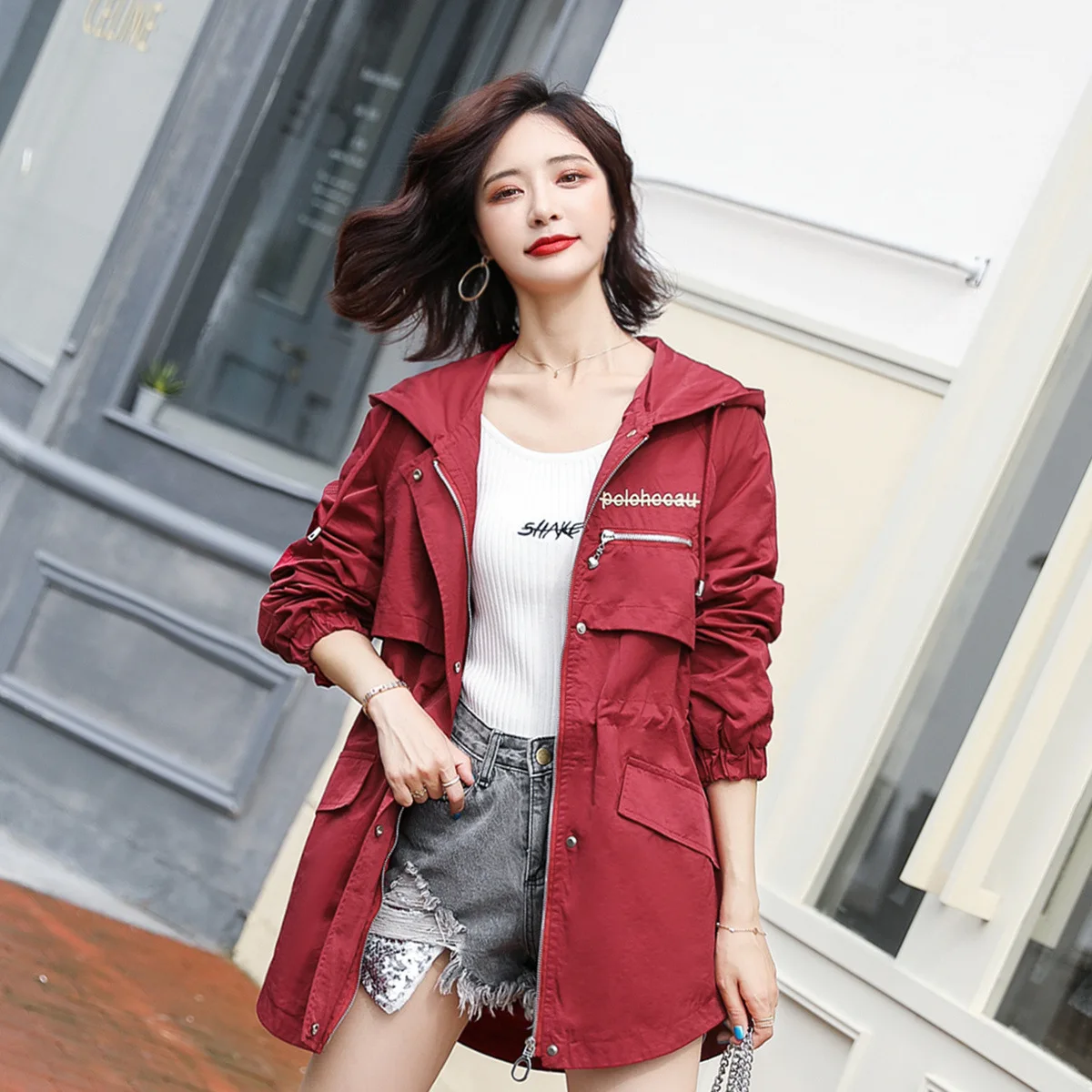 

2019 Autumn Clothing WOMEN'S Dress-Style New Style Lettered Embroidery Contrast Color Long Sleeve Hooded Trench Coat