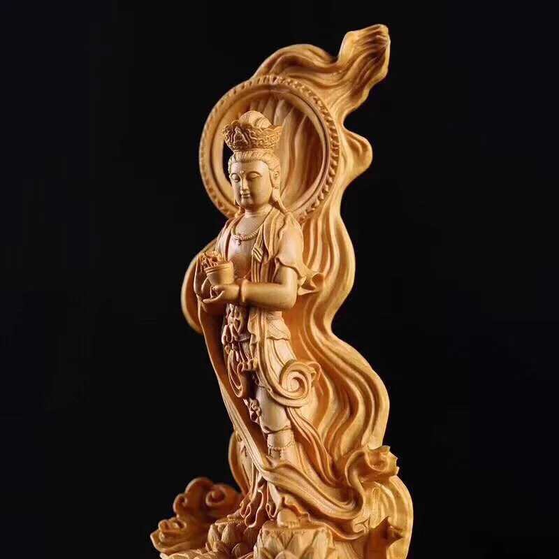 🌊 Wooden Sea-Crossing Guanyin Statue – Solid Wood Hand-Carved Feng Shui Figure (16cm) 3