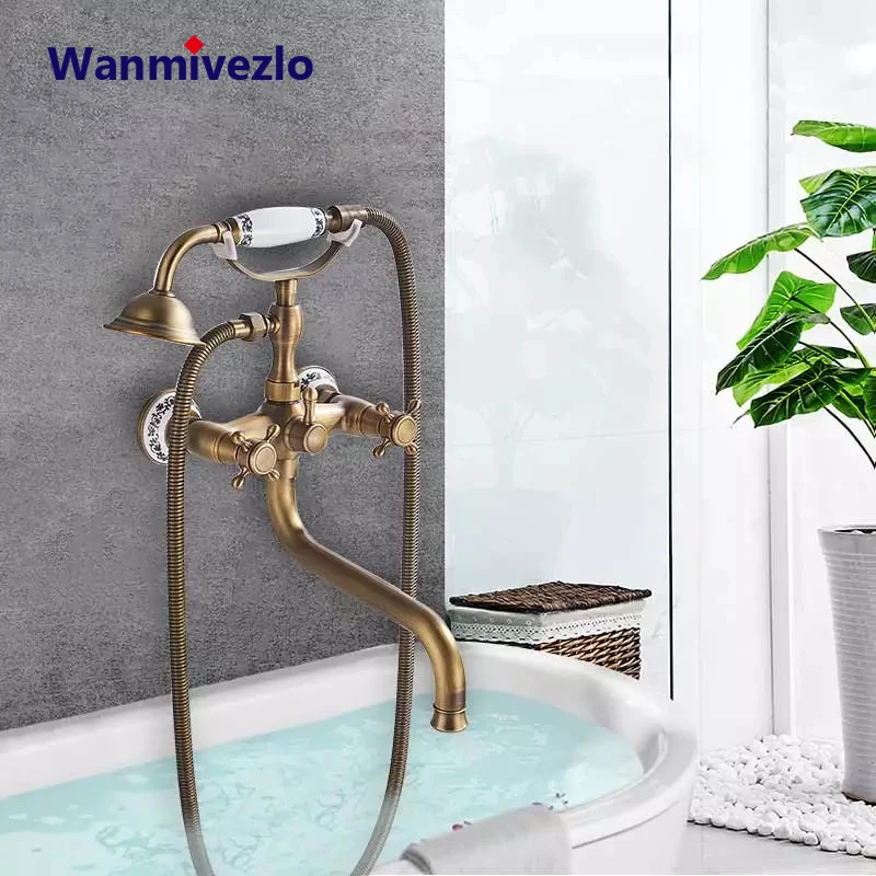 Antique Brass Bathtub Shower Faucets Set Dual Knobs Mixer Tap Wall Mounted Bath Shower Set Swivel Tub Long Spout Bath Shower