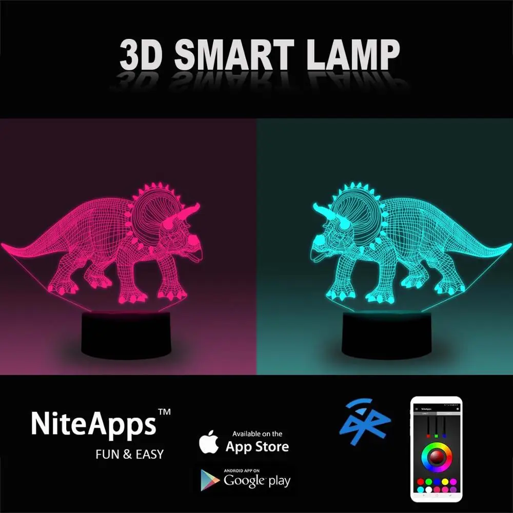 NiteApps 3D Triceratops Dinosaur RGB LED Night Light Desk Table Illusion Lamp Holiday Birthday Gift APP/Touch Control