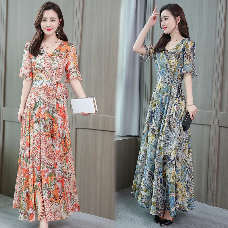 

Spring Summer New Style Korean-style Large Size Belly Covering Waist Hugging Slimming Dress Mid-length Middle-aged nv zhuang qun