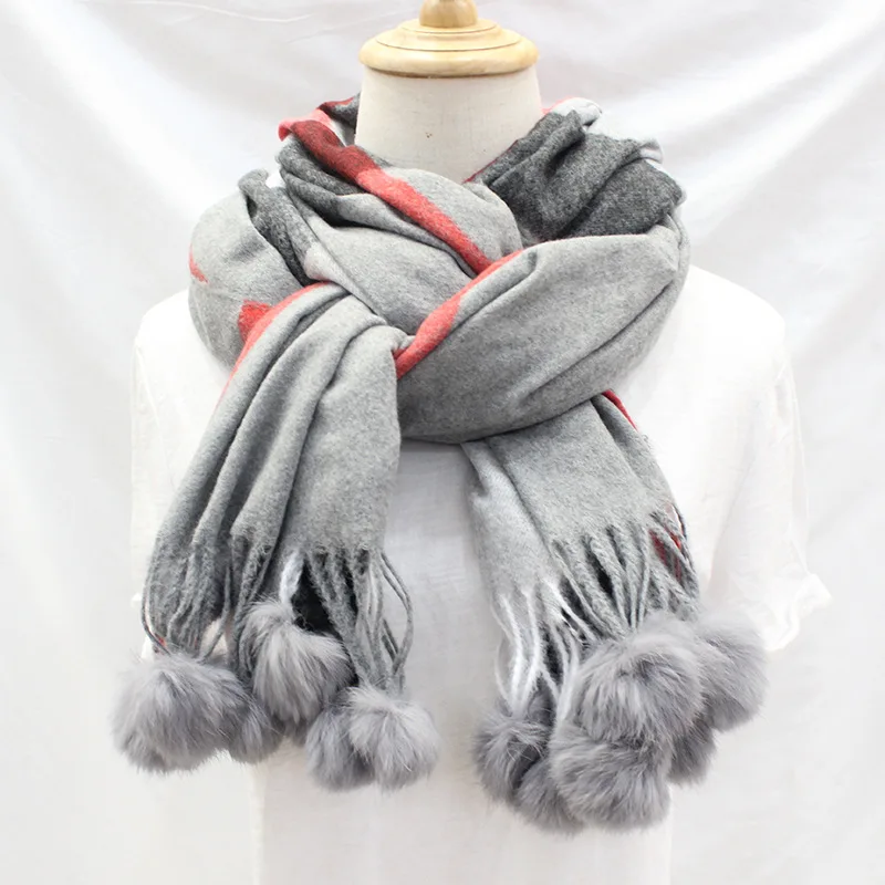 gray plaid Женский однотонный кашемировый шарф из кроличьего меха с помпонами, зимний толстый шарф, пончо, хиджаб, одеяло, Cachecol - Цвет: gray plaid