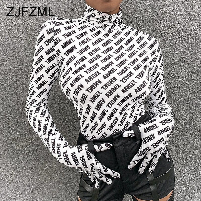 Streetwear Letter Print T Shirts for Women Turtleneck Basic Harajuku Long Sleeve Shirt with Gloves Fall Winter Bandage Crop Tops |