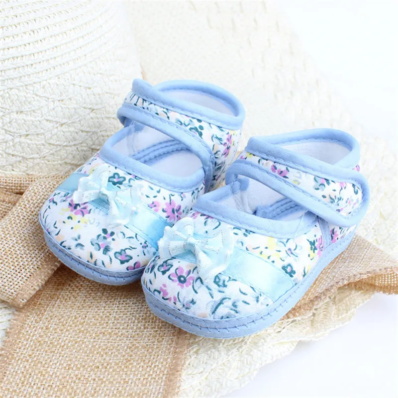 New Hot Infants Shies Baby Kids Bowknot Flower Printed Prewalker Cotton Fabric Shoes