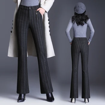 

2020 Spring Winter WomenTrousers Wool&Blends Flare Pants High Waist Female Thick Lattice Pants Plus Size S- 6XL Striped Capris
