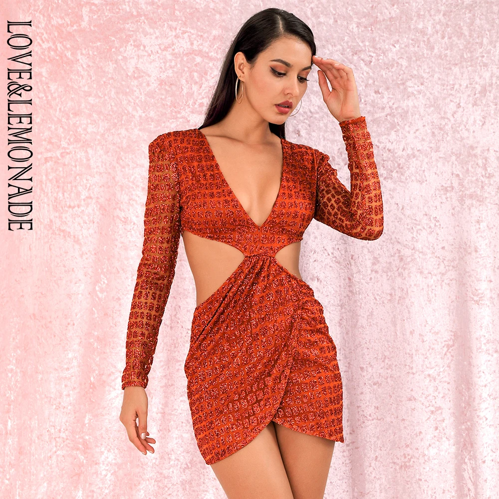 LOVE & LEMONADE сексуальное оранжевое платье с глубоким v образным вырезом и открытой