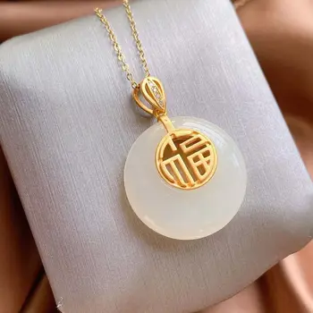 

silver inlaid natural Hetian white jade Chinese "Fu" Pendant Necklace with unique ancient gold craft charm women's brand jewelry
