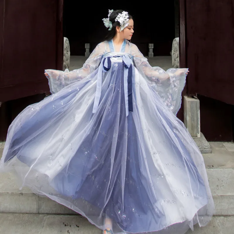 Синий Hanfu женские традиционные танцевальные костюмы народный фестиваль наряд вышивка платье феи сценический рейв представление одежда DC2719