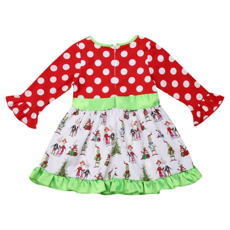 Autumn Casual Baby Girls Dress Long Flare Sleeve Girls Christmas Clothes Cartoon Tree Print Patchwork Dress Kids Pageant Dresses