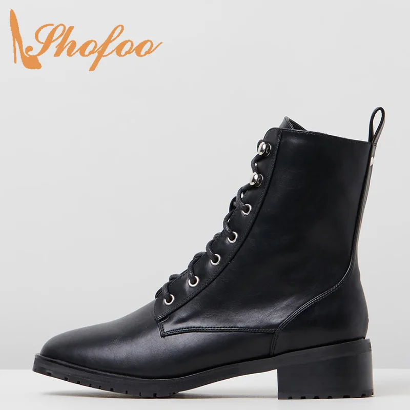 

Shofoo Black Chunky Heels Zipper Round Toe Boots Woman Metal Decoration Lace Up Booties Large Size 13 15 Ladies Shoes Fashion
