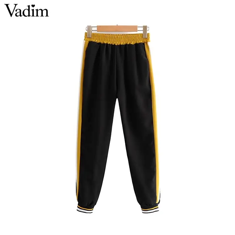 

Vadim women fashion side striped pants patchwork design elastic waist pockets female casual cozy trousers pantalones mujer KB153