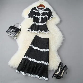 

Fashion Designer Runway Suit Summer 2 Piece Clothing Set with Skirt 2020 New Color Block Lace Top and Skirt Matching Set Party