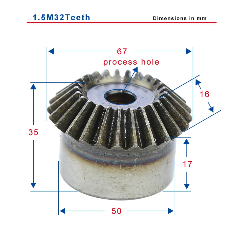 

1.5M32 teeth bevel gear outer diameter 67 mm total height 35 mm process hole low carbon steel material gear