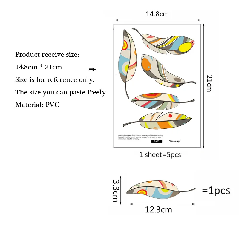 Creative Colored feather Wall Sticker Living room bedroom wall background decoration Decals combination stickers home wallpaper