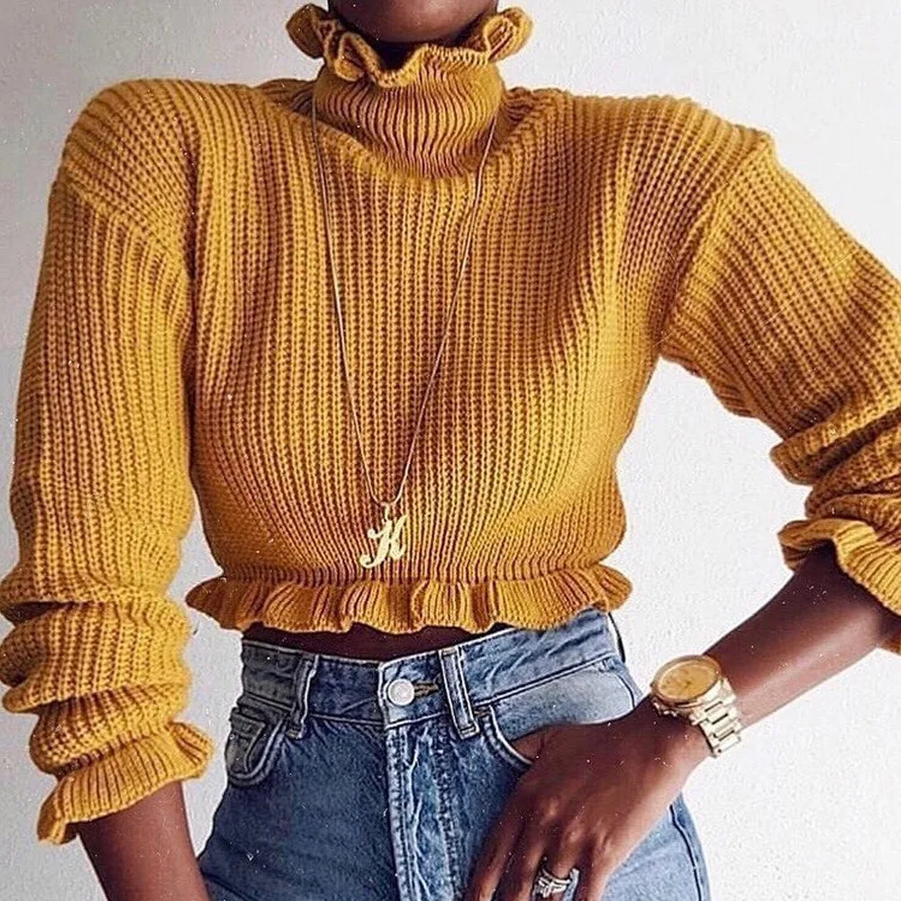 

Women Cropped High Waist Knitted Long Sleeve Sweater Winter Warm Pullover