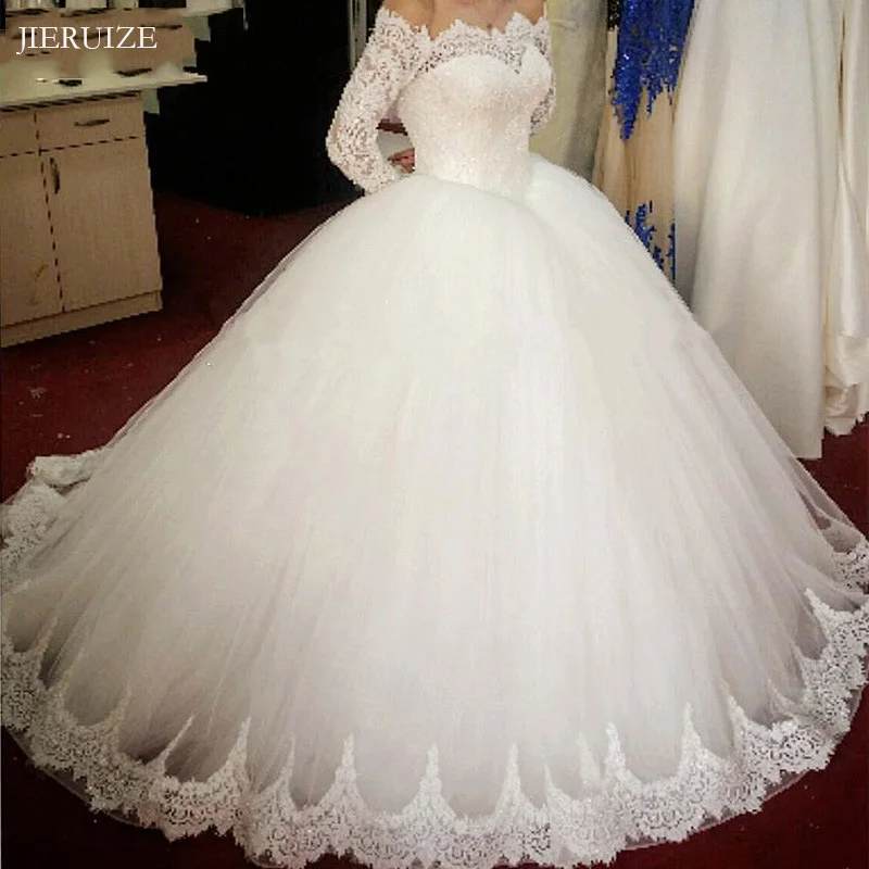 JIERUIZE белые кружевные аппликации бальное платье Свадебные платья с открытыми плечами Длинные рукава платье на свадьбу со шнуровкой Длинные свадебные платья