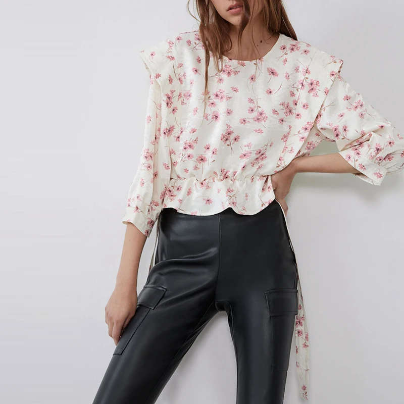 

Women Spring Autumn Floral Tops O neck Long Sleeve Ruffles Pleated Shirts Ladies Knot Bow Blouse KY9756