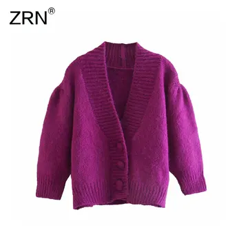 

ZRN Women 2020 Fashion Vintage Sweaters Single Breasted Cropped Knitted Cardigan Sweater Puff Sleeve Female Outerwear Chic Tops