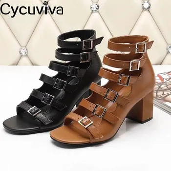 

Women Sandals Chic Leather Buckle High Heels Botas Chunky Sole Real Leather Dress Shoes Sexy Peep Toe Party Shoes Mujer
