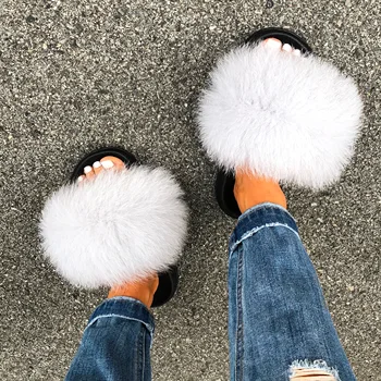 

ETHEL ANDERSON Real Fox Raccoon Fur Slipper Women Fur Slides Flip Flops Female Plush Luxury Design Shoes Casual Fox Hair Sandal