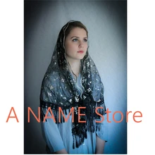 Испанская большая традиционная вуаль для церкви, Мантилья, католическая женская накидка на голову, латинское массовое цветочное кружево с кисточками, Аппликации, черный тюль