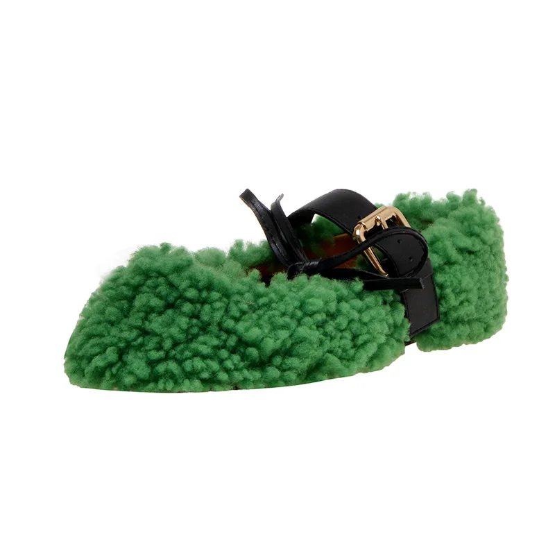 Vienantin/обувь на овечьем меху; Женская осенне-зимняя верхняя одежда; Повседневная обувь; Новинка года; обувь в горошек с ремешком и пряжкой; обувь на плоской подошве; Цвет Зеленый - Цвет: Зеленый