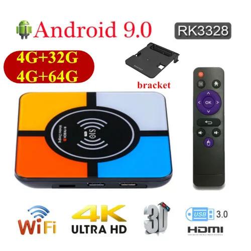

Android 9.0 S10 Plus Smart TV Box 4G+32G/64G RK3328 Quad Core 2.4G WiFi Set Top Box HDMI 2.0 4K 3D HDR Media Player +Bracket