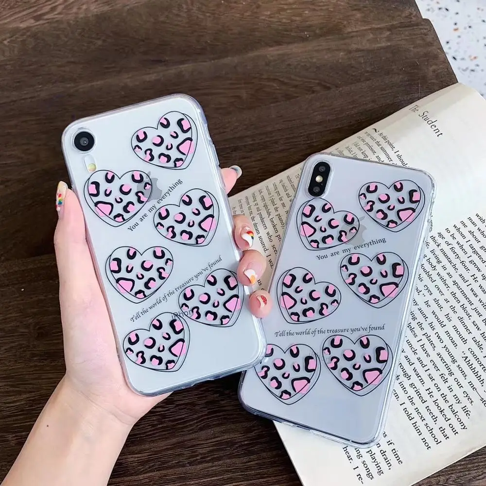 

Allchw Soft Clear Phone Cases For iphone X XS Max XR 6 6S 7 8 Plus Case Leopard Love Heart Transparent Silicone Back Case Cover