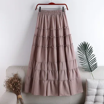 

Summer New High Waist Slimming A- line Fluffy Cake Dress Solid Color Chiffon Stitching Skirt Midi Skirt Skirt