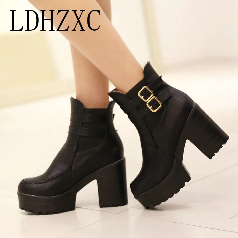

LDHZXC 2019 New Fashion Motorcycle Boots Women Platform Heels Casual Shoes Round Toe Shoes Ladies Autumn Boots Black