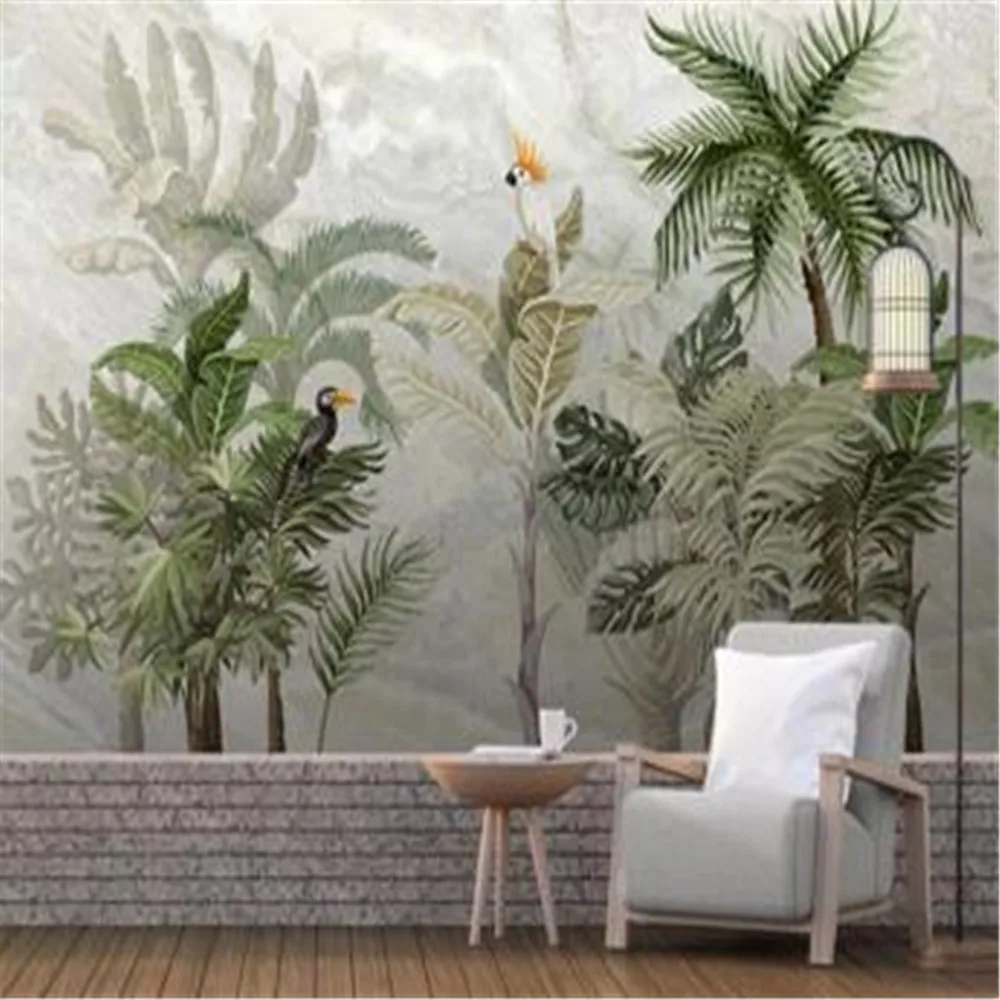 Customized large wallpaper mural European-style hand-painted tropical rainforest landscape marbled background wallpaper mural afbeelding