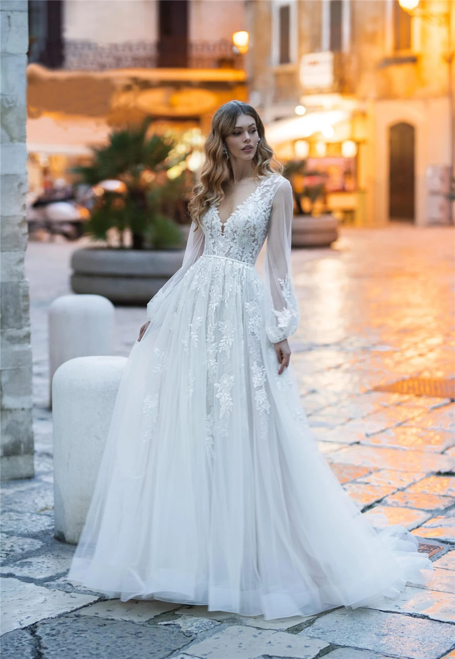 

Long Sleeves Lace A Line Wedding Dresses 2020 Modest White Bridal Gowns Court Train Long Women Wedding Wear Custom Plus Size