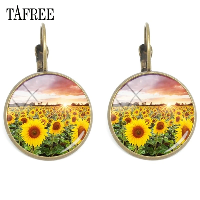 TAFREE, клипсы в виде подсолнуха, стеклянные драгоценные камни, художественное фото, ушные клипсы, античная бронза, покрытые вручную, серьги для женщин, модное ювелирное изделие, XR05