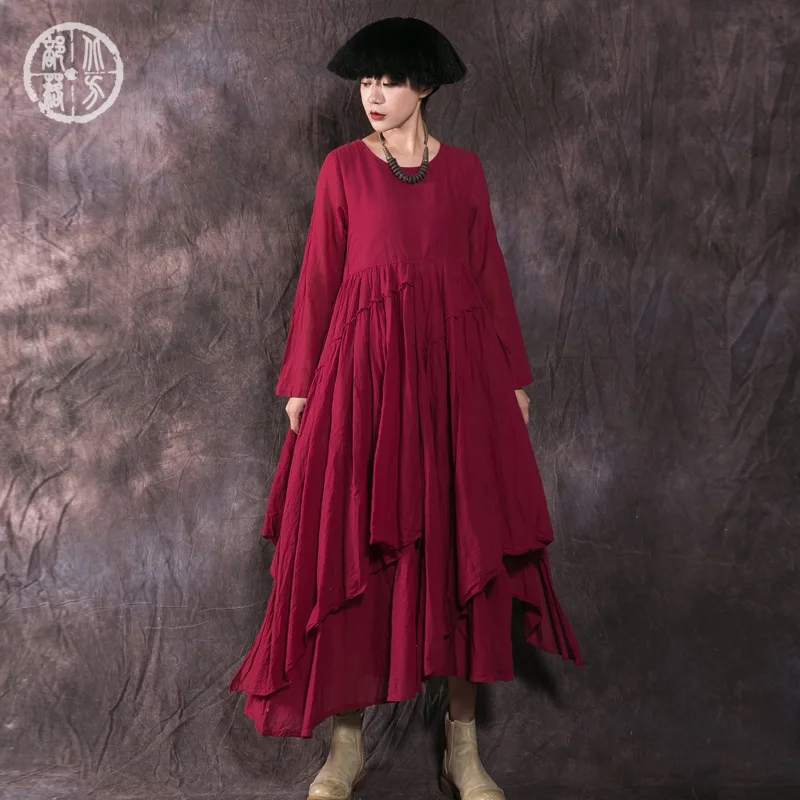North Tribe Spring New Products WOMEN'S Dress Elegant Fairy Long Skirts Pleated Skirt Irregular Cotton Linen Dress