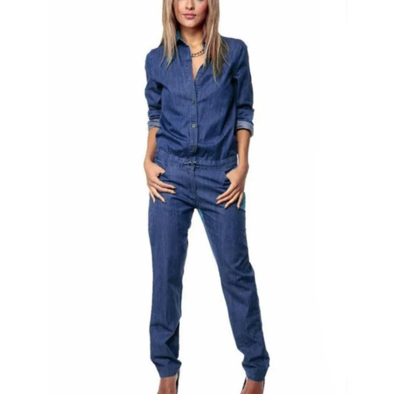 

Women denim Jumpsuit Jeans Long Sleeve Lapel Button Lace-Up Mid Waist Slim Fit Casual sexy cool Motorcycle club overall rompers