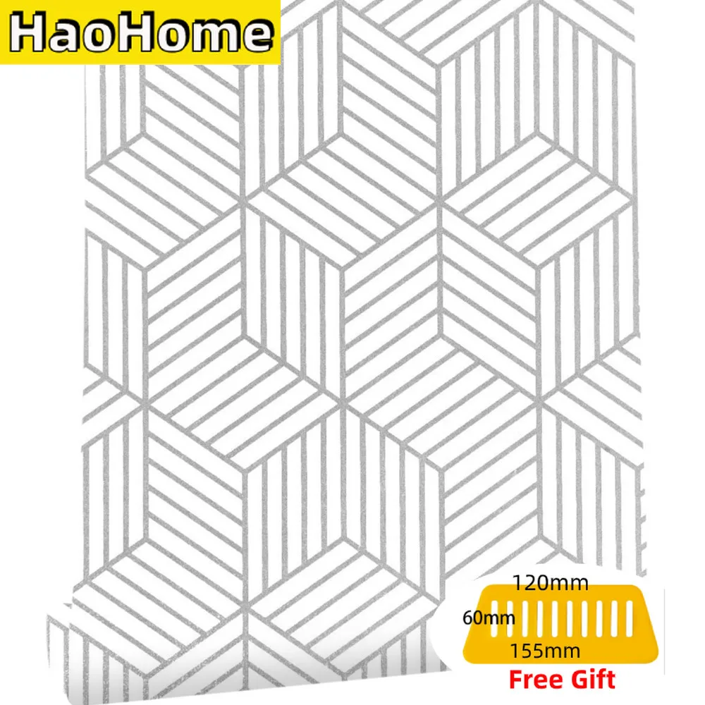 HaoHome Geometric Hexagon Silver Peel and Stick Wallpaper Removable Self Adhesive Wallpaper Vinyl Film Shelf Paper & Drawer Line