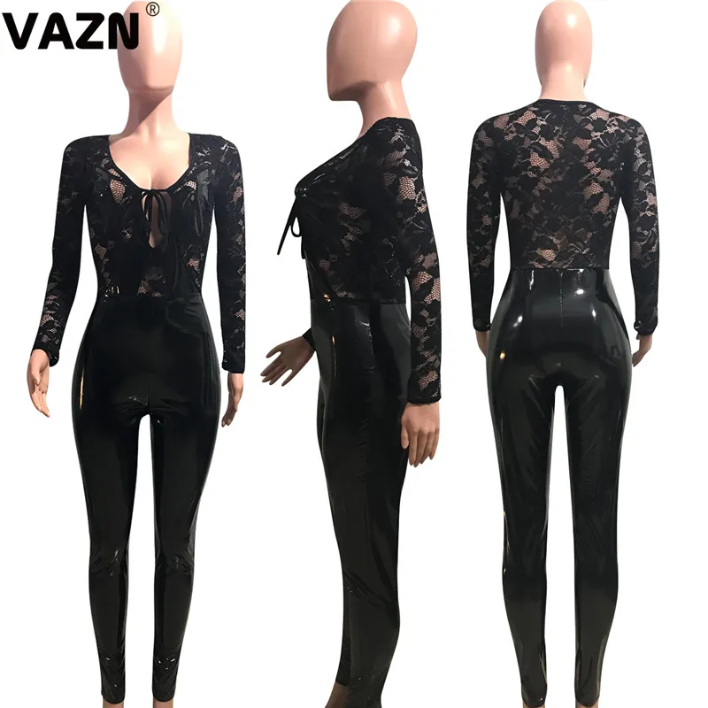 VAZN GYD18053 шикарный осенний сексуальный женский черный длинный комбинезон Кружевной Топ с длинным рукавом кожаные длинные штаны набор сексуальный клубный комбинезон