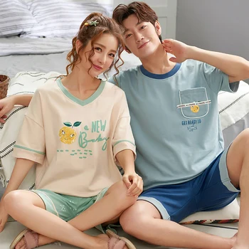 

Couple models cartoon cute orange letter print O-neck T-shirt comfortable pajamas ladies cotton pajamas 2 summer sweet short