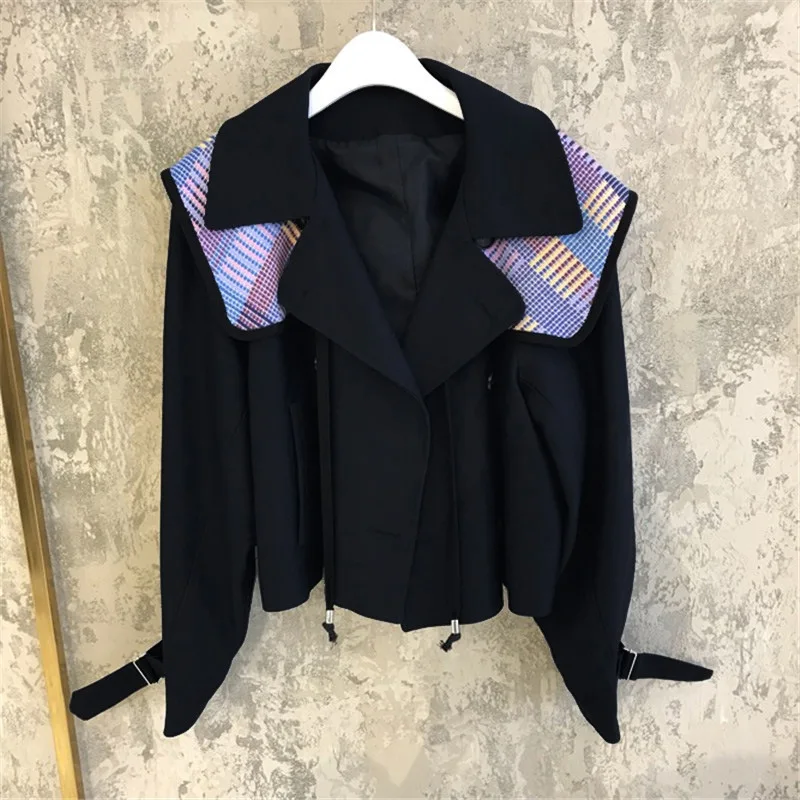 

[EWQ]High Street Short Blazer Patchwork Notched loose trend coat feminino Korean Blazers Vintage Single Button Women Coats QK624