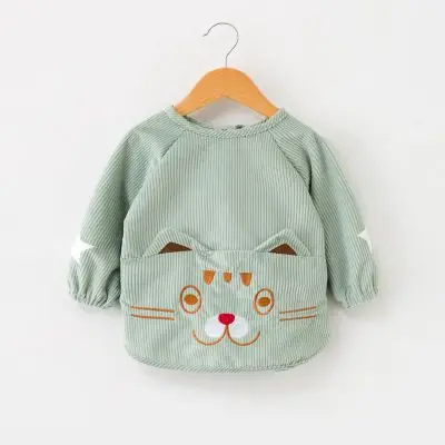 Boy Girl Cartoon Feeding Bibs Baby Extra Soft Natural Cotton Bibs Children Warming Corduroy Drawing Anti-dirty Long Sleeve Apron - Цвет: Light Green