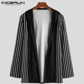 

Men Trench Coats Hooded Long Sleeve Striped Patchwork Streetwear Outwear 2020 Fashion Loose Cardigan Casual Men Jackets INCERUN
