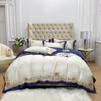 

Luxury 1000TC Egyptian Cotton White/Blue Bedding Set Gold Rose Flowers Embroidery Duvet Cover Bed Linen Fitted Sheet Pillowcases