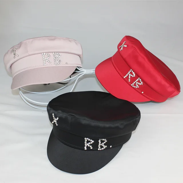 Simple Rhinestone RB Hat Women Men Street Fashion Style Newsboy Hats Black Berets Flat Top Caps Men Drop Ship Cap 2