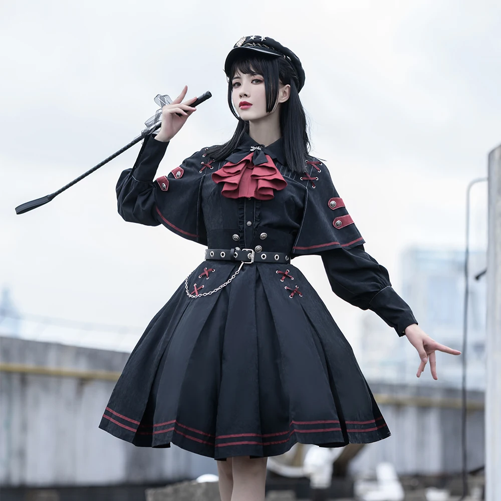 Melonshow Kawaii Japanese Women Military Skirt Black Gothic Lolita Dress Victorian Renaissance Retro Chic Punk Style