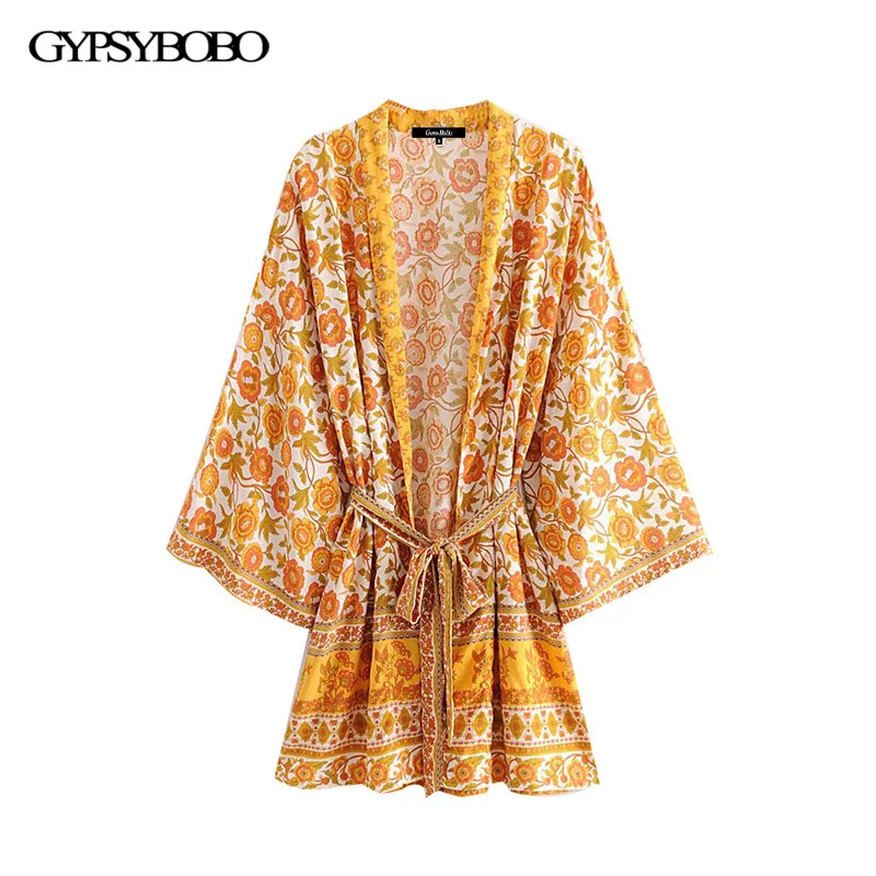 Boho Chic Лето Винтаж цветочный принт пояса кимоно для женщин Мода 2019 г. кардиган V образным вырезом пляжные блузы рубашки свободного кроя Femme